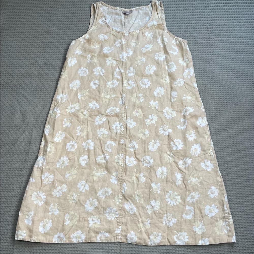 J.Jill 100% Linen Dress Medium Sleeveless Tank Tan Floral Lagenlook Coastal
